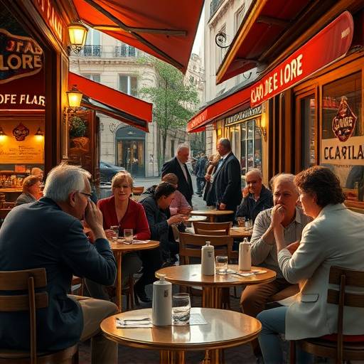 Affiche de la série Café de Flore, montrant les personnages principaux dans un café parisien animé.